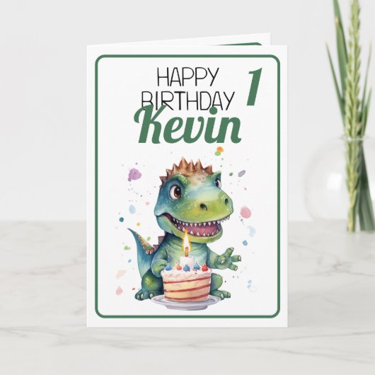 Carte Cute blanc et vert Dinosaur Garçon 1er anniversair (Devant)