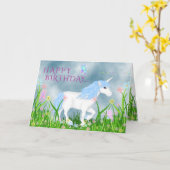 Carte Cute Bleu et Blanc Unicorne avec Fleurs Anniversai (Fleur jaune)