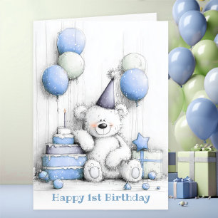Carte Cute bleu Teddy Bear 1er anniversaire