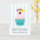 Carte Cute Blue Cupcake avec Kawaii Face Anniversaire (Fleur jaune)