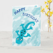 Carte Cute Blue Lizard Gecko on Blue Happy Birthday (Fleur jaune)