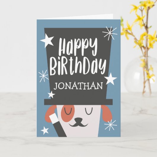 Carte Cute Blue Magic Chien Anniversaire | Ajouter un no (Fleur jaune)