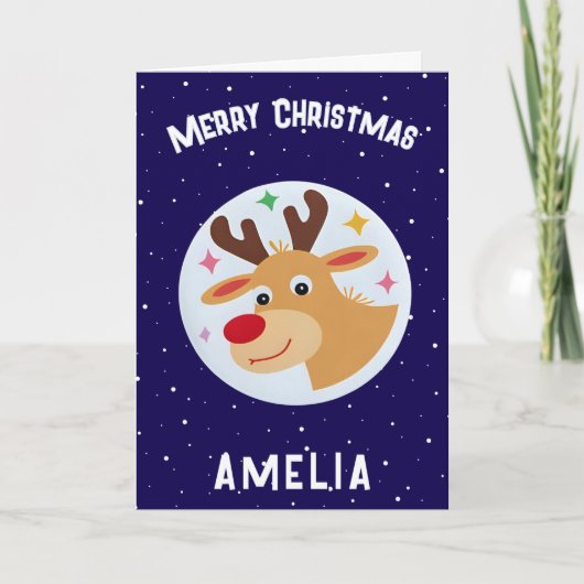 Carte Cute Blue Reindeer Kid`s Name Merry Christmas (Devant)