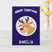 Carte Cute Blue Reindeer Kid`s Name Merry Christmas (Fleur jaune)
