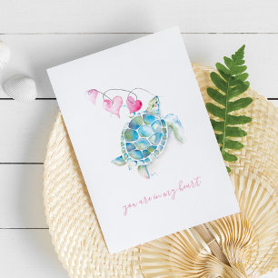 Carte Cute Blue Sea Turtle Hearts Aquarelle