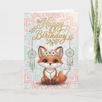 Carte Cute Boho Fox Happy Birthday Card with Dreamcatche
