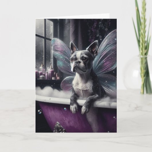 Carte Cute Boston Terrier Fairy dans une baignoire viole (Devant)