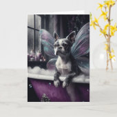 Carte Cute Boston Terrier Fairy dans une baignoire viole (Fleur jaune)