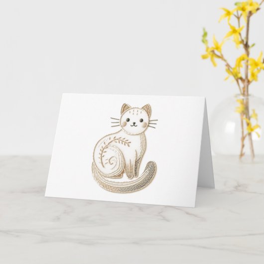 Carte Cute Brodé Boho Kitty Chat Blanc (Fleur jaune)