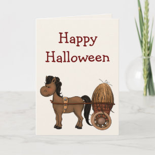 Carte Cute Brown Horse with Hay Cart Happy Halloween