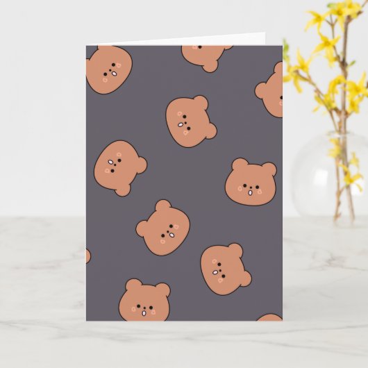Carte Cute Brown Teddy Bear Face Pattern Dark Blue (Fleur jaune)