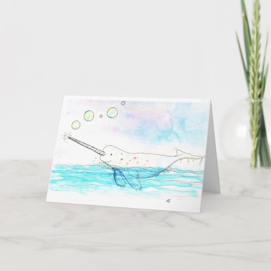 Carte Cute Bubble-Popping Narwhal Watercolor (Devant)