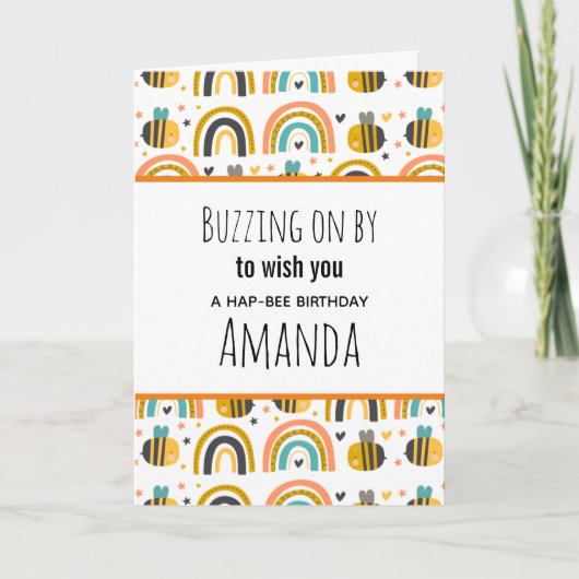 Carte Cute Bumble Bee et Rainbows Motif Anniversaire (Devant)