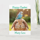 Carte Cute Bunny and Blue Budge Personalized Easter (Devant)
