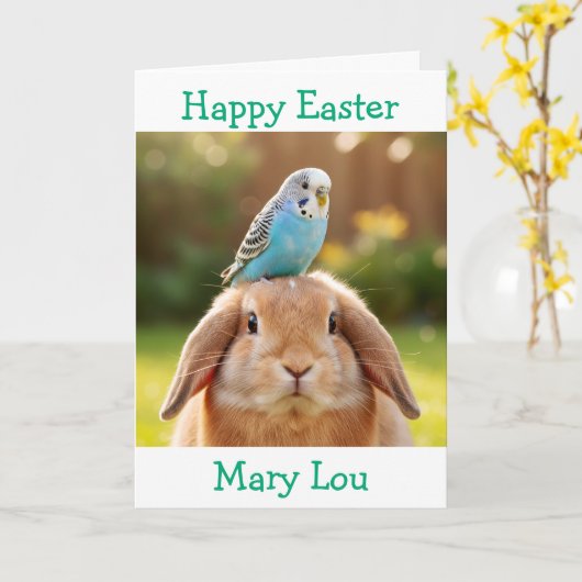 Carte Cute Bunny and Blue Budge Personalized Easter (Fleur jaune)