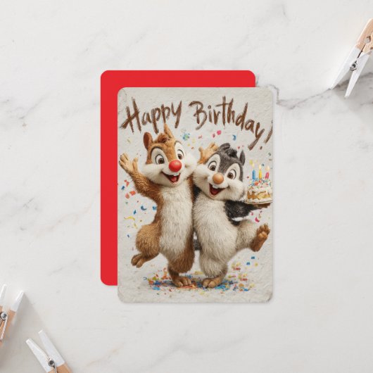 Carte Cute Cartoon Chipmunks Happy Birthday Card  (Devant/Arrière en situation)
