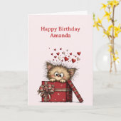 Carte Cute Cartoon Kitten in a Box with Hearts Birthday (Fleur jaune)
