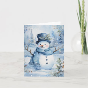 Carte Cute Casquette bleu Snowman et Fleurs d'Écharpe bl