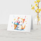 Carte Cute Chat avec crème glacée Whimsical Aquarelle bl (Fleur jaune)