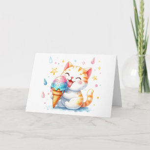 Carte Cute Chat avec crème glacée Whimsical Aquarelle bl