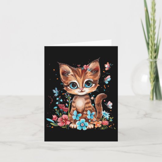 Carte Cute Chat Avec Fleurs I Kids Chat (Devant)