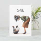 Carte Cute Chat et Lady Whimsical Hello plat (Debout devant)