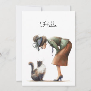 Carte Cute Chat et Lady Whimsical Hello plat