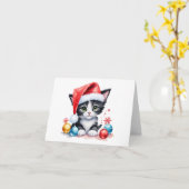 Carte Cute chat noir et blanc à Santa Hat Noël (Fleur jaune)