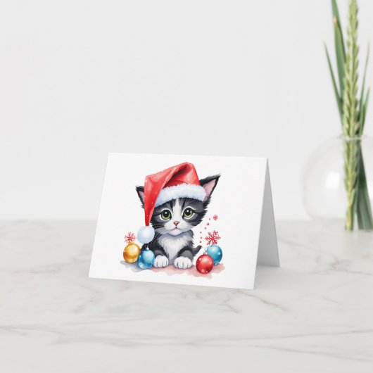 Carte Cute chat noir et blanc à Santa Hat Noël (Devant)