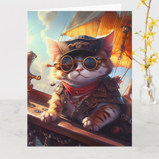 Carte Cute Chat Pirate Steampunk (Fleur jaune)