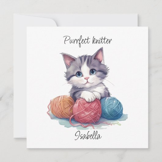 Carte Cute chaton aquarelle avec fils Nom personnalisé C (Devant)