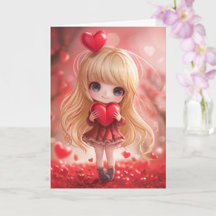 Carte Cute Chibi Blonde tenir un coeur