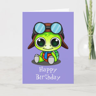 Carte Cute Chibi Cartoon Turtle Joyeux anniversaire