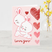 Carte Cute Chibi Rabbit Couple Scribble Coeur Valentines (Fleur jaune)