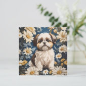 Carte Cute Chih Tzu Chien Blanc Fleurs De Faisée (Debout devant)