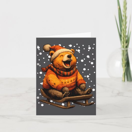 Carte Cute Christmas Bear Sledding In Snow Funny Winter  (Devant)