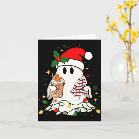 Carte Cute Christmas Ghost Coffee Tree Cake Xmas Lights (Fleur jaune)