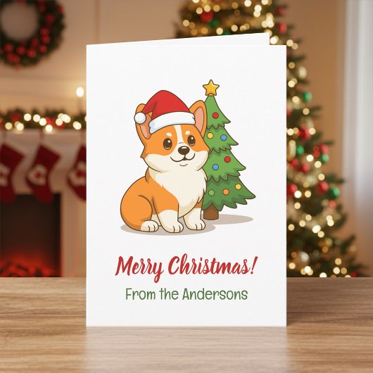 Carte Cute Corgi Dog in a Red Hat with Christmas Tree