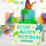 Carte Cute Dinosaur Nom personnalisé et texte Anniversai<br><div class="desc">Cette carte d'anniversaire colorée présente des silhouettes de dinosaures et un texte sur le thème des dinosaures fantaisistes qui dit : "Rawr! Joyeux anniversaire" et un nom personnalisé. Le texte intérieur dit : "Je vous souhaite une journée sauvage et merveilleuse." Cette carte amusante présente des teintes complémentaires bleu et vert...</div>