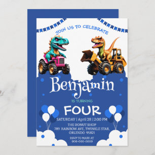 Carte Cute dinosaure Excavateur tracteur ballon Annivers