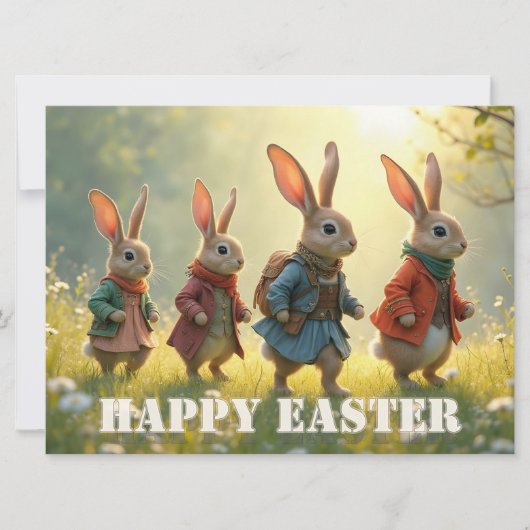 Carte Cute Easter Bunnies Walking in Spring Meadow (Devant)