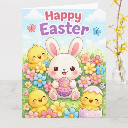 Carte Cute Easter Bunny & Chicks | Happy Easter (Fleur jaune)