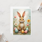Carte Cute Easter Bunny Eggs Flowers Flat (Devant/Arrière en situation)