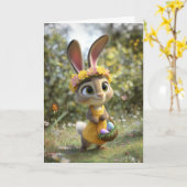 Carte Cute Easter Bunny w/ Flower Crown & Basket of Eggs (Fleur jaune)