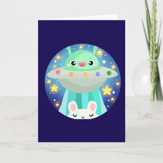 Carte Cute Espace Créature Et Lapin Lapin Lapin (Devant)