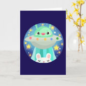 Carte Cute Espace Créature Et Lapin Lapin Lapin (Fleur jaune)