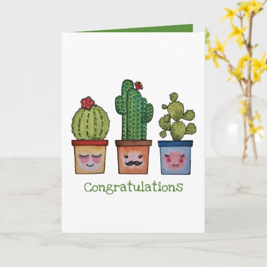 Carte Cute Famille Cactus En Aquarelle (Fleur jaune)