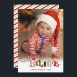 Carte Cute Festive CROIRE une photo Christmas Spirit<br><div class="desc">Carte de voeux photo de Noël mignonne et festive avec BELIEVE remplie d'esprit de Noël dans un design de typographie rouge et vert festif accentué avec des éclats d'or contre une couverture blanche ombragée pour l'une de vos photos préférées. ASSISTANCE : Pour obtenir de l'aide sur la modification ou la...</div>