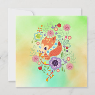 Carte Cute Fox Baby Art Animal Avec Floral