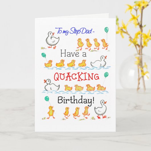 Carte Cute Fun Ducklings Quacking Anniversaire, Stepfath (Fleur jaune)